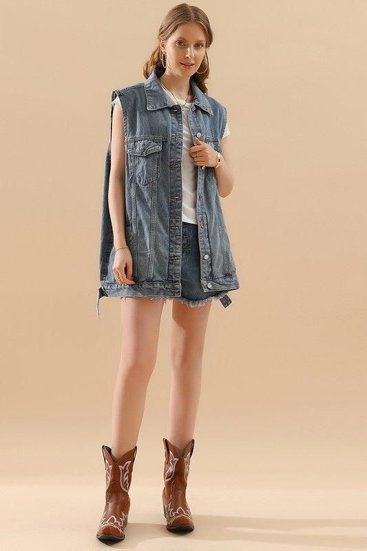 VINTAGE BUTTON UP POCKET COLLAR DENIM VEST - Doublju