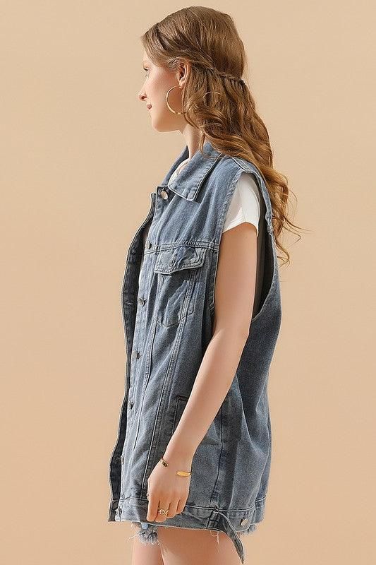 VINTAGE BUTTON UP POCKET COLLAR DENIM VEST - Doublju