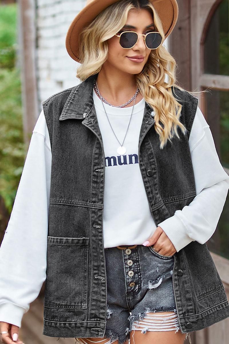 VINTAGE BIG SIDE POCKET COLLAR DENIM VEST - Doublju