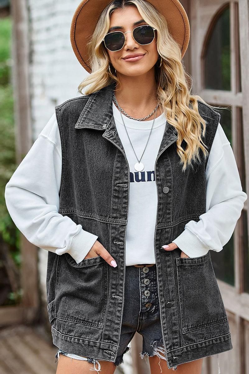 VINTAGE BIG SIDE POCKET COLLAR DENIM VEST - Doublju