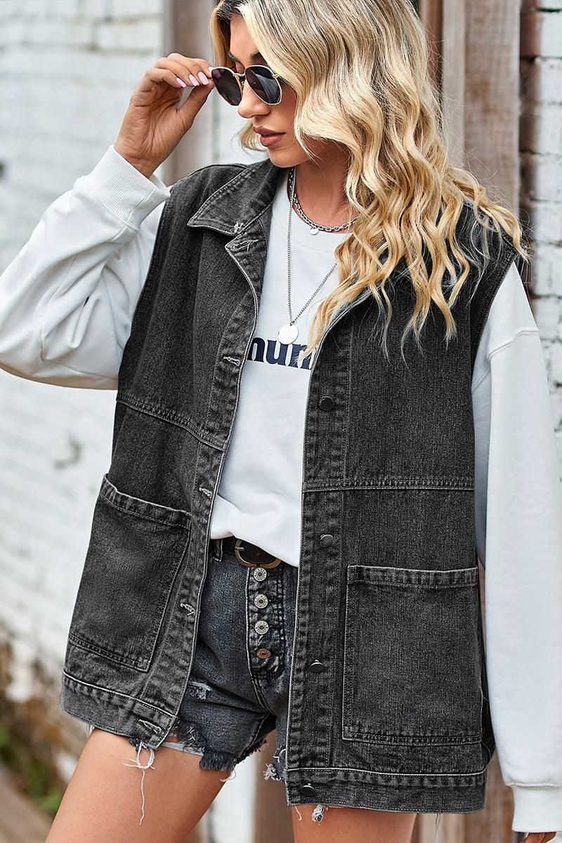 VINTAGE BIG SIDE POCKET COLLAR DENIM VEST - Doublju