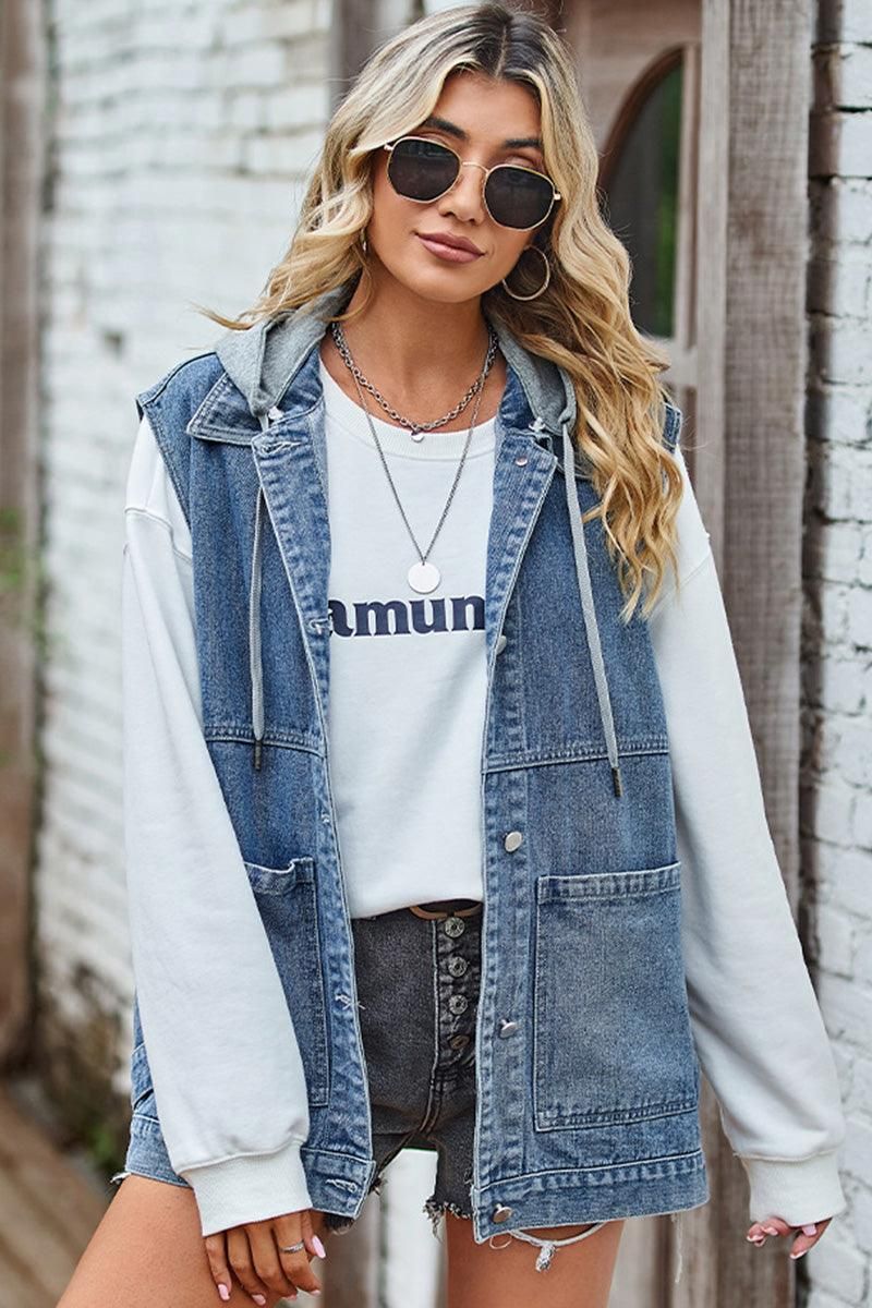 VINTAGE BIG SIDE POCKET COLLAR DENIM VEST - Doublju