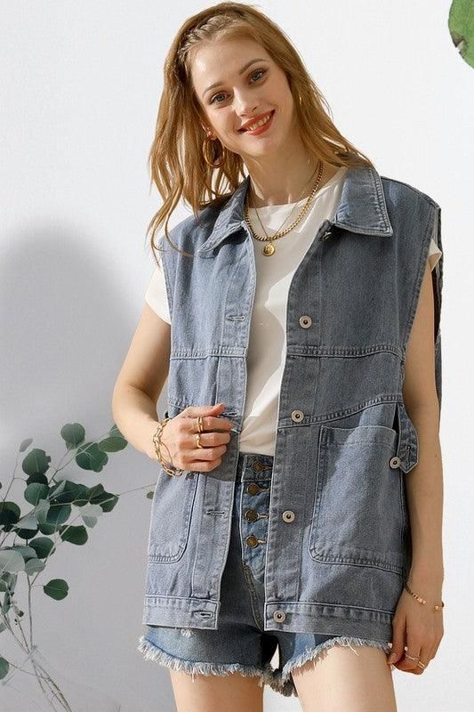 VINTAGE BUCKELE POCKET COLLAR DENIM VEST - Doublju