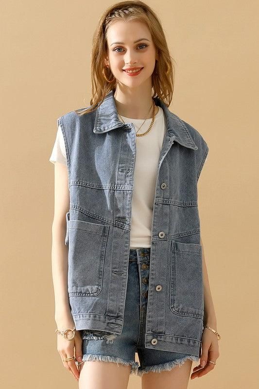 VINTAGE BUCKELE POCKET COLLAR DENIM VEST - Doublju