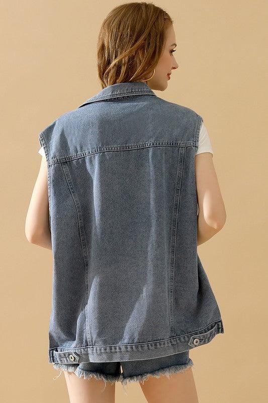 VINTAGE BUCKELE POCKET COLLAR DENIM VEST - Doublju