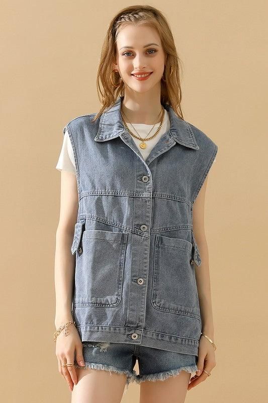 VINTAGE BUCKELE POCKET COLLAR DENIM VEST - Doublju