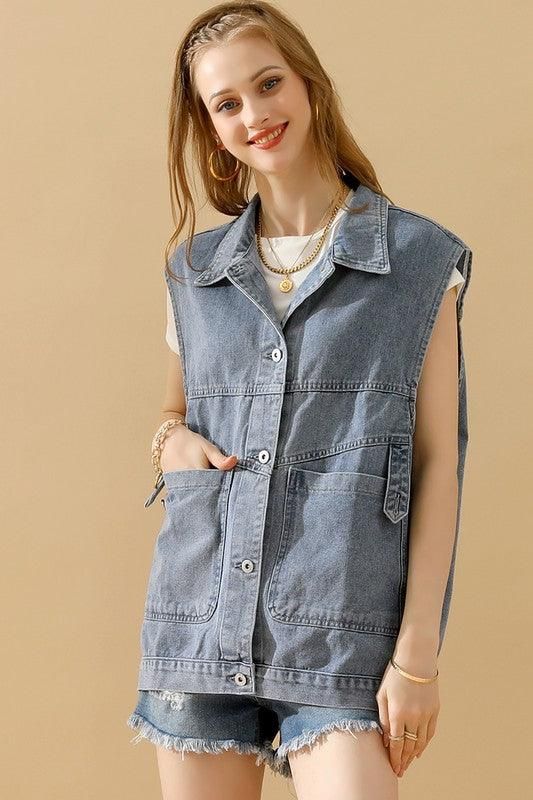 VINTAGE BUCKELE POCKET COLLAR DENIM VEST - Doublju