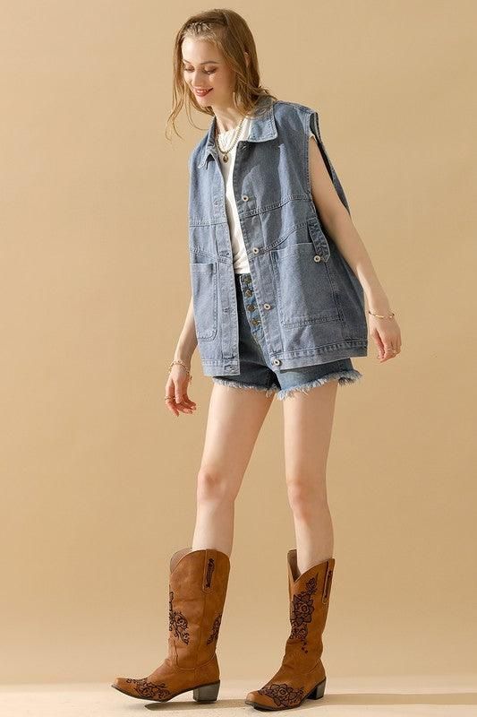 VINTAGE BUCKELE POCKET COLLAR DENIM VEST - Doublju