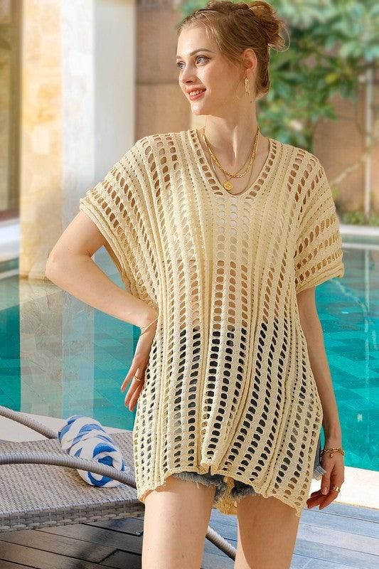 HOLLOW KNITTED BEACH WEAR SWIM COVER UP - Doublju