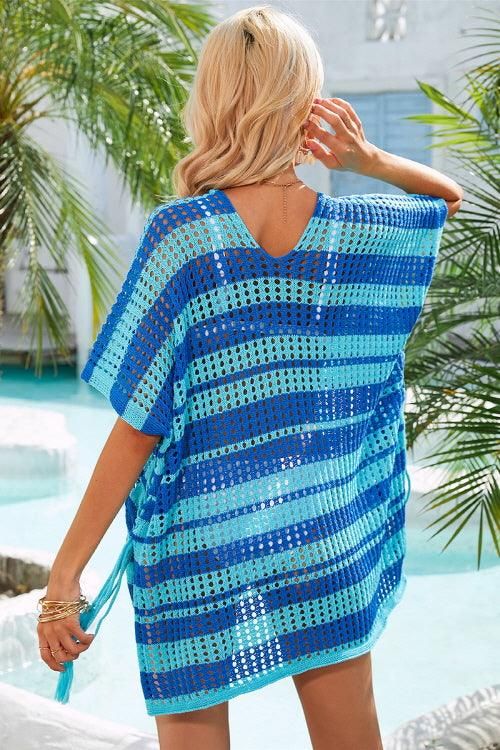 STRIPE PATTERNED HOLLOW KNIT SWIMWEAR COVER UP - Doublju