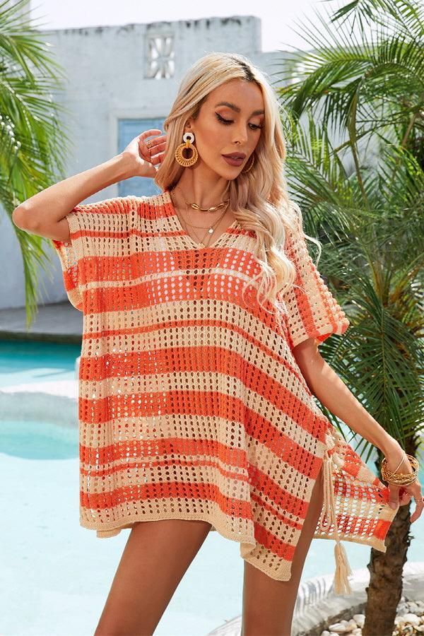 STRIPE PATTERNED HOLLOW KNIT SWIMWEAR COVER UP - Doublju