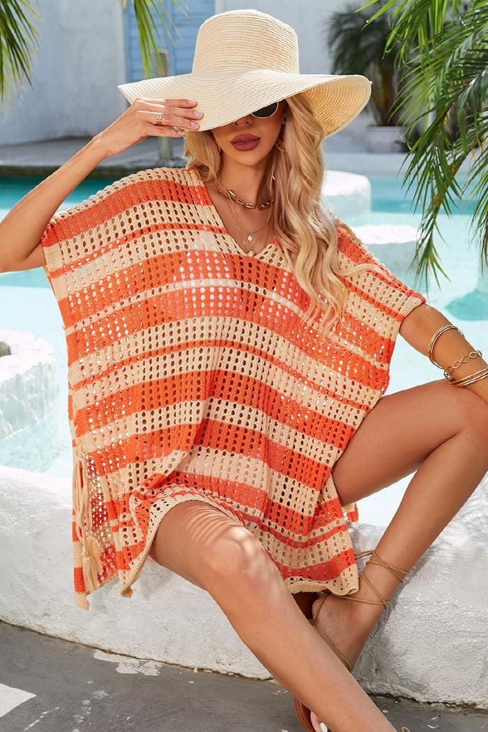 STRIPE PATTERNED HOLLOW KNIT SWIMWEAR COVER UP - Doublju