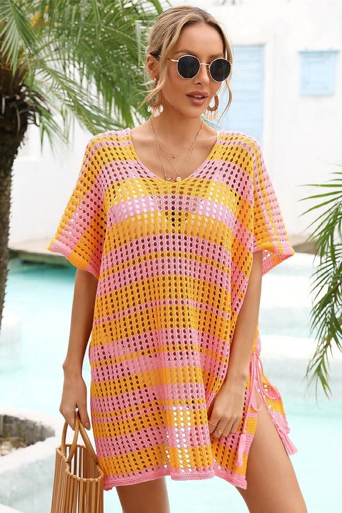 STRIPE PATTERNED HOLLOW KNIT SWIMWEAR COVER UP - Doublju