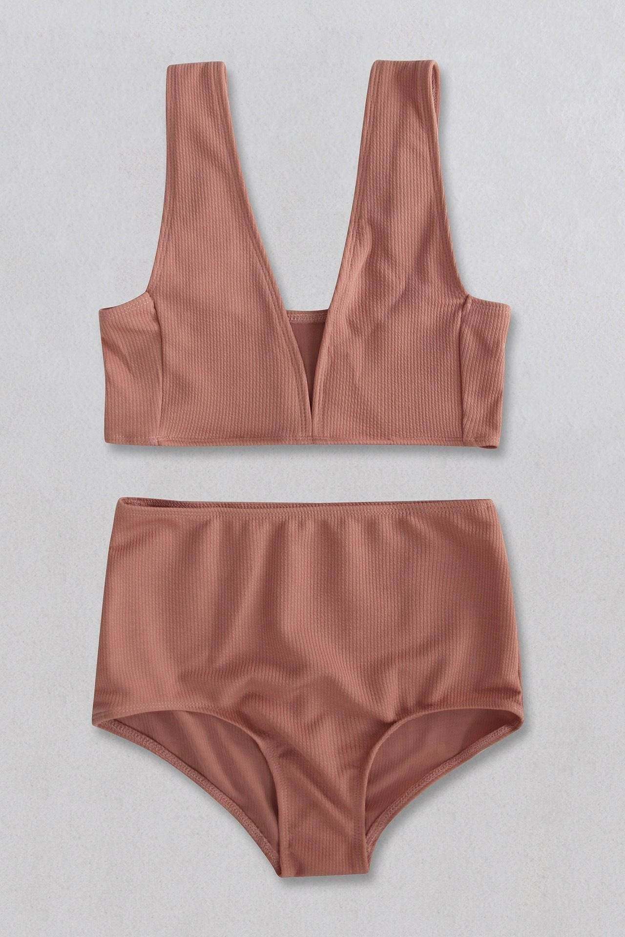 SOLID SIMPLE TWO PIECE BEACH SWIMSUIT - Doublju