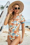 FLORAL PRINTING DEEP SEXY NECK ONE PIECE SWIMSUIT - Doublju