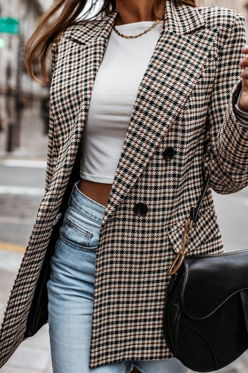 PLAID PATTERN OFFICE WORK BUTTONED BLAZER JACKET