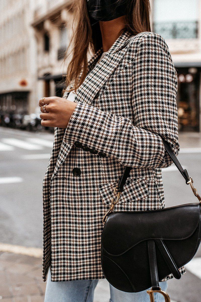 PLAID PATTERN OFFICE WORK BUTTONED BLAZER JACKET