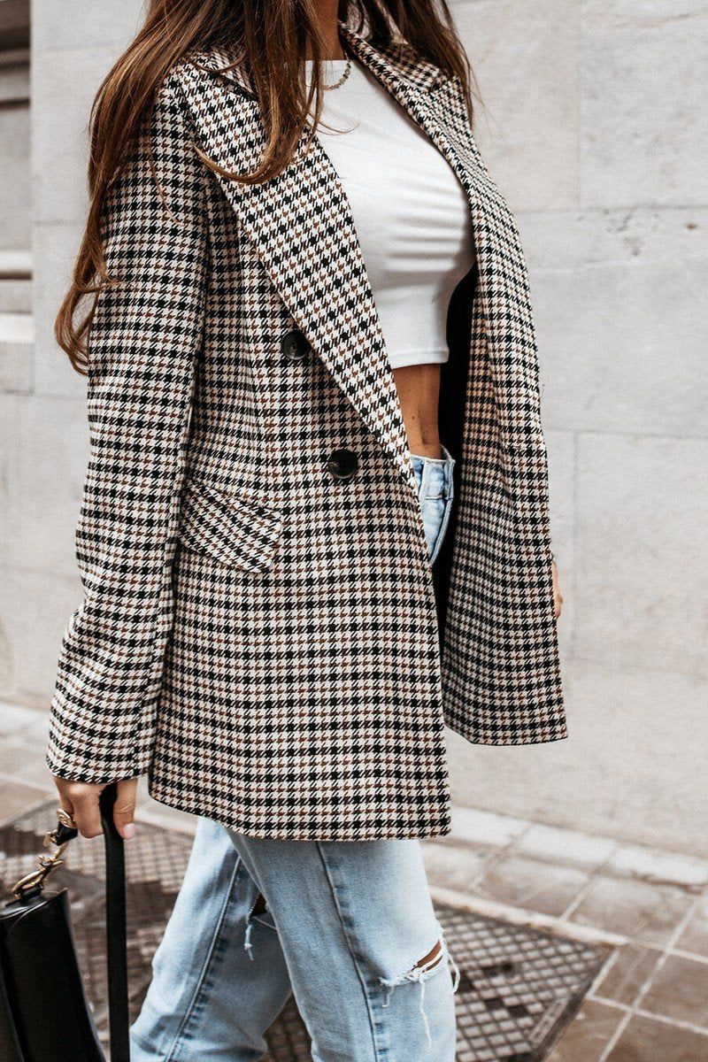 PLAID PATTERN OFFICE WORK BUTTONED BLAZER JACKET