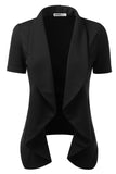 WOMENS SHORT SLEEVE SUMMER BLAZER STRETCH LIGHTWEIGHT OPEN FRONT DRAPED RUFFLES BLOUSES CARDIGAN WITH PLUS SIZE(S-3X)