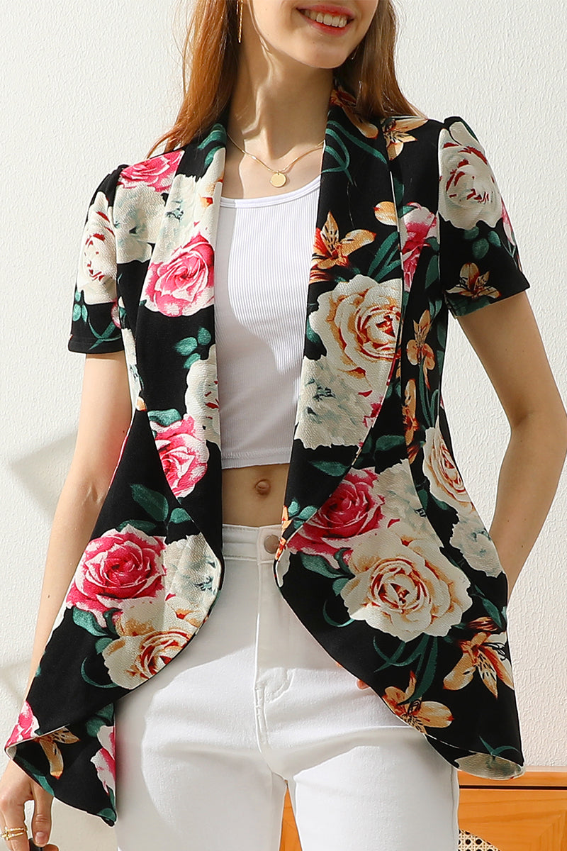 WOMENS SHORT SLEEVE SUMMER BLAZER STRETCH LIGHTWEIGHT OPEN FRONT DRAPED RUFFLES BLOUSES CARDIGAN WITH PLUS SIZE(S-3X)