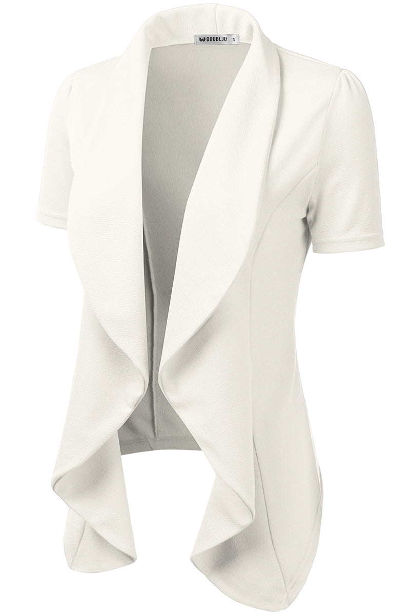 WOMENS SHORT SLEEVE SUMMER BLAZER STRETCH LIGHTWEIGHT OPEN FRONT DRAPED RUFFLES BLOUSES CARDIGAN WITH PLUS SIZE(S-3X)