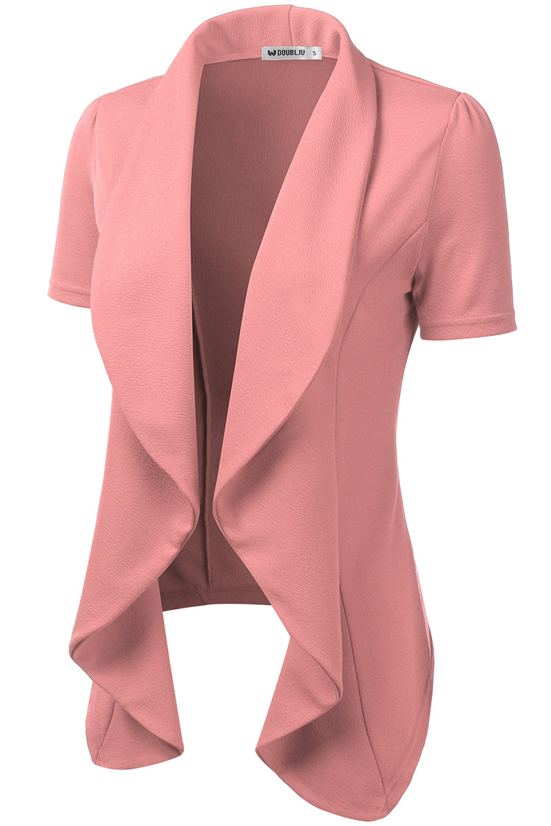 WOMENS SHORT SLEEVE SUMMER BLAZER STRETCH LIGHTWEIGHT OPEN FRONT DRAPED RUFFLES BLOUSES CARDIGAN WITH PLUS SIZE(S-3X)