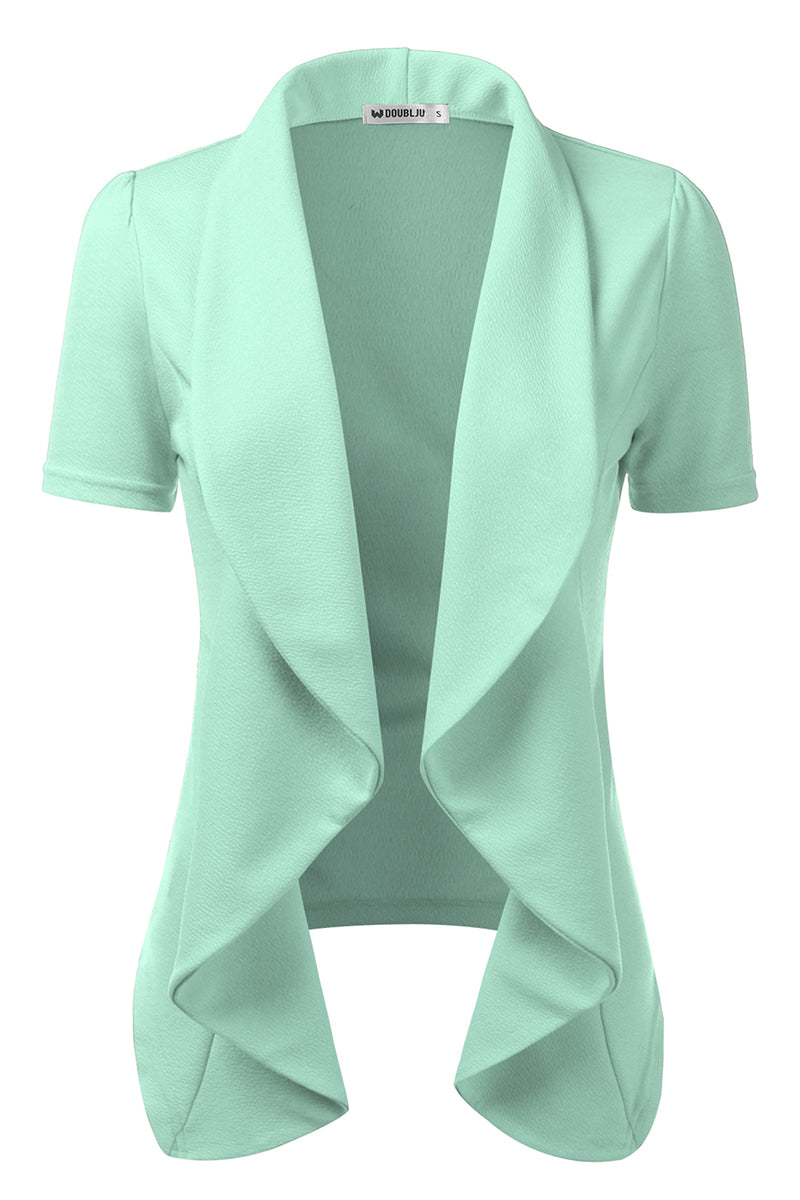 WOMENS SHORT SLEEVE SUMMER BLAZER STRETCH LIGHTWEIGHT OPEN FRONT DRAPED RUFFLES BLOUSES CARDIGAN WITH PLUS SIZE(S-3X)