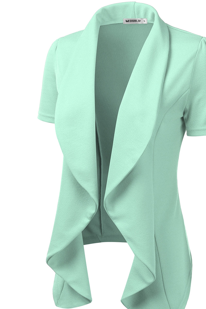 WOMENS SHORT SLEEVE SUMMER BLAZER STRETCH LIGHTWEIGHT OPEN FRONT DRAPED RUFFLES BLOUSES CARDIGAN WITH PLUS SIZE(S-3X)