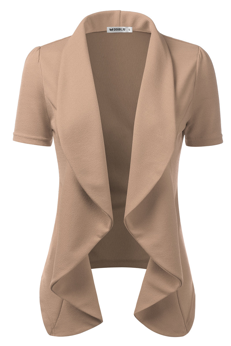 WOMENS SHORT SLEEVE SUMMER BLAZER STRETCH LIGHTWEIGHT OPEN FRONT DRAPED RUFFLES BLOUSES CARDIGAN WITH PLUS SIZE(S-3X)