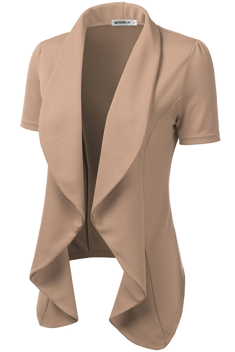 WOMENS SHORT SLEEVE SUMMER BLAZER STRETCH LIGHTWEIGHT OPEN FRONT DRAPED RUFFLES BLOUSES CARDIGAN WITH PLUS SIZE(S-3X)