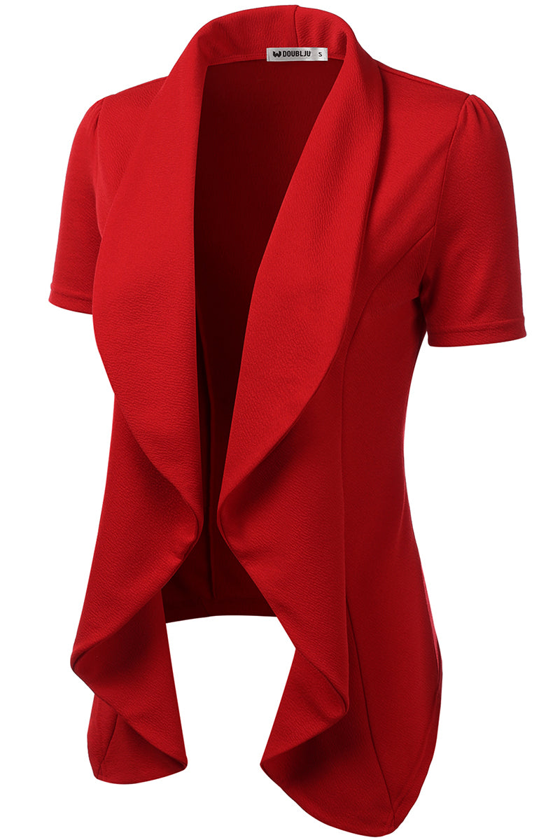 WOMENS SHORT SLEEVE SUMMER BLAZER STRETCH LIGHTWEIGHT OPEN FRONT DRAPED RUFFLES BLOUSES CARDIGAN WITH PLUS SIZE(S-3X)