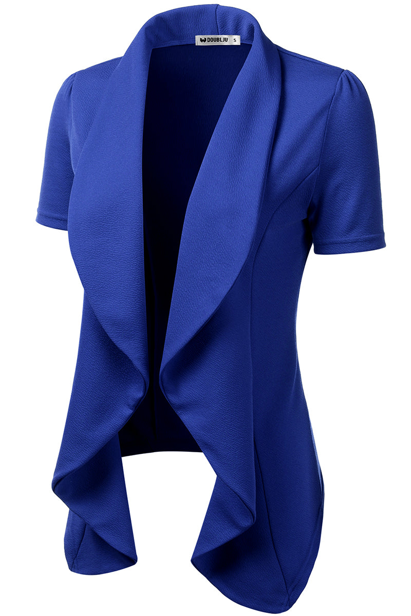 WOMENS SHORT SLEEVE SUMMER BLAZER STRETCH LIGHTWEIGHT OPEN FRONT DRAPED RUFFLES BLOUSES CARDIGAN WITH PLUS SIZE(S-3X)