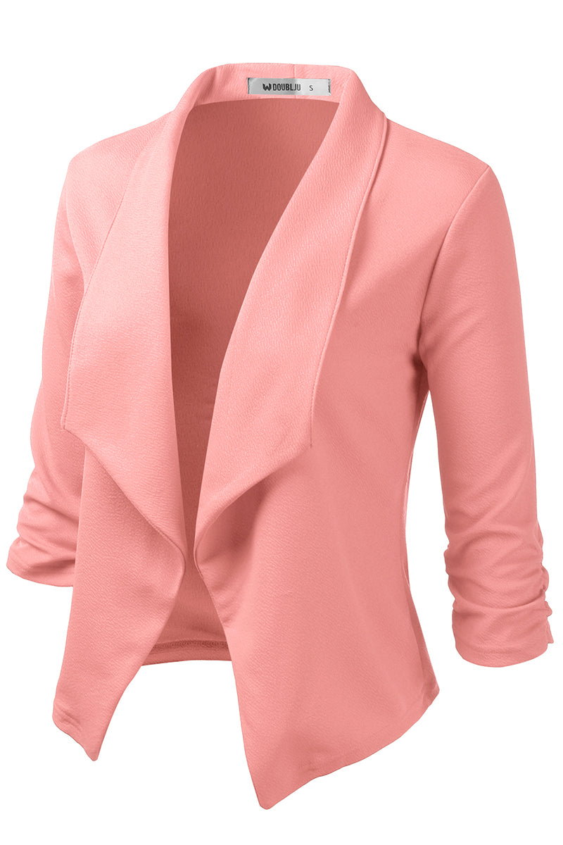 WOMEN'S CASUAL WORK RUCHED 3/4 SLEEVE OPEN FRONT BLAZER JACKET WITH PLUS SIZE