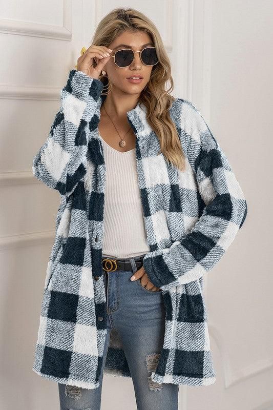 BUFFALO PLAID FLEECE FAUX FUR LAPEL JACKET COAT - Doublju