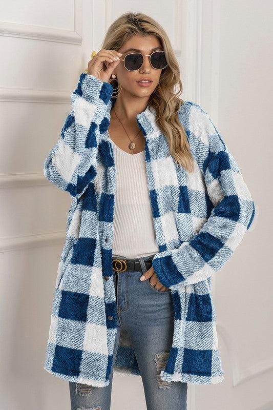 BUFFALO PLAID FLEECE FAUX FUR LAPEL JACKET COAT - Doublju