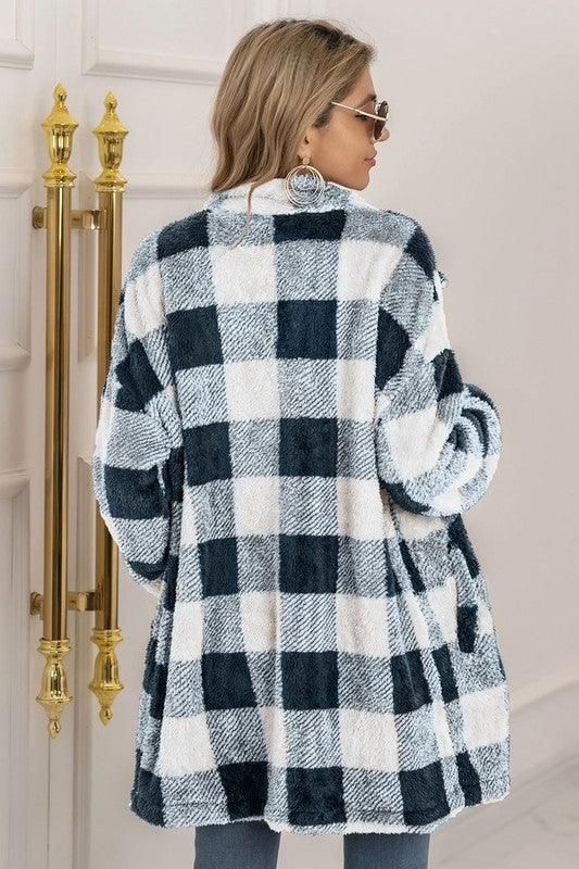 BUFFALO PLAID FLEECE FAUX FUR LAPEL JACKET COAT - Doublju