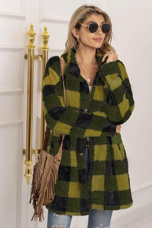 BUFFALO PLAID FLEECE FAUX FUR LAPEL JACKET COAT - Doublju