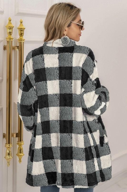 BUFFALO PLAID FLEECE FAUX FUR LAPEL JACKET COAT - Doublju