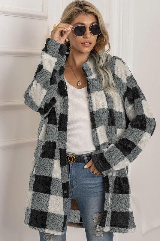 BUFFALO PLAID FLEECE FAUX FUR LAPEL JACKET COAT - Doublju