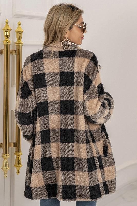 BUFFALO PLAID FLEECE FAUX FUR LAPEL JACKET COAT - Doublju