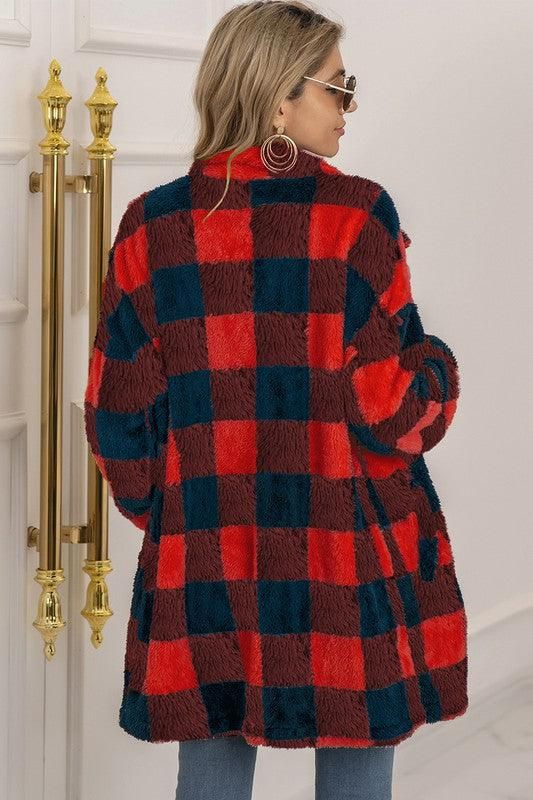 BUFFALO PLAID FLEECE FAUX FUR LAPEL JACKET COAT - Doublju