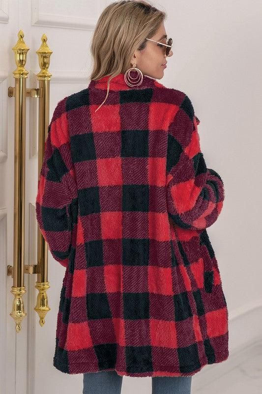 BUFFALO PLAID FLEECE FAUX FUR LAPEL JACKET COAT - Doublju