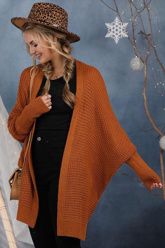 LOOSE FIT WAFFLE SWEATER CARDIGAN - Doublju