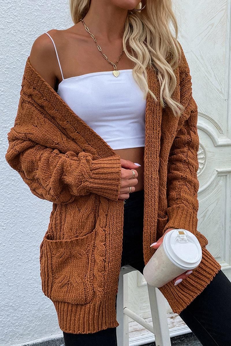 CABLE KNIT OPEN FRONT CASUAL CARDIGAN - Doublju