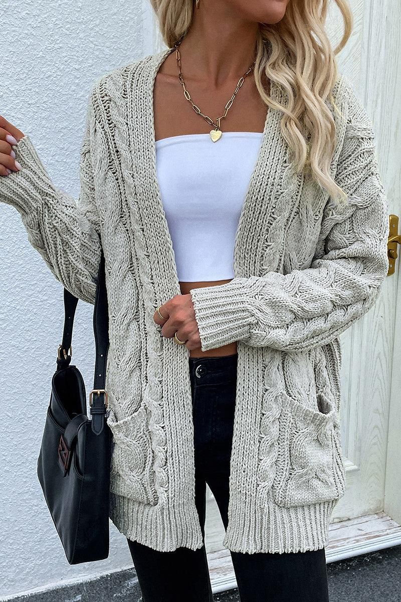CABLE KNIT OPEN FRONT CASUAL CARDIGAN - Doublju