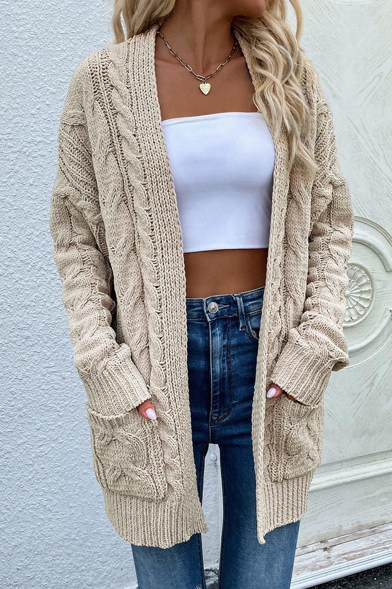 CABLE KNIT OPEN FRONT CASUAL CARDIGAN - Doublju