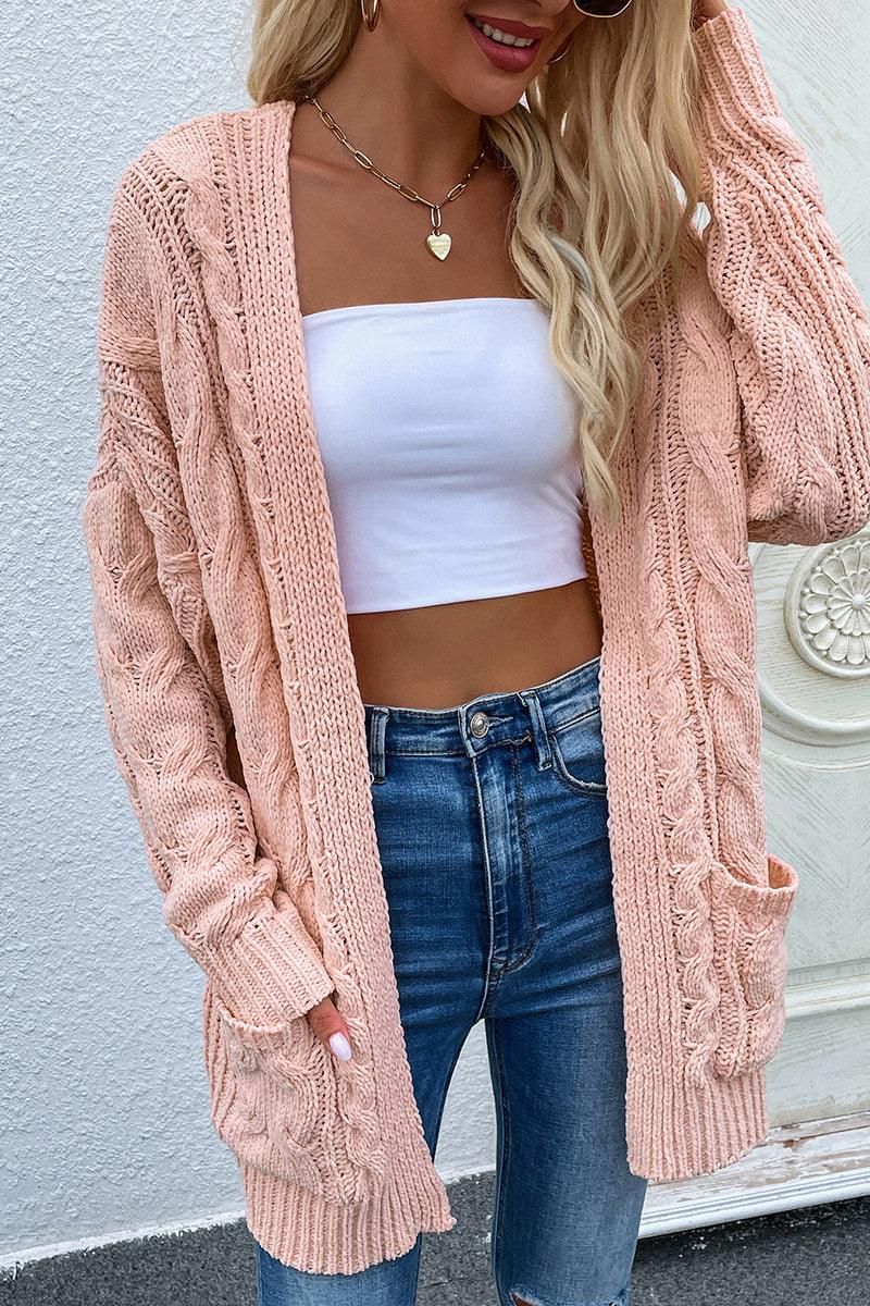 CABLE KNIT OPEN FRONT CASUAL CARDIGAN - Doublju