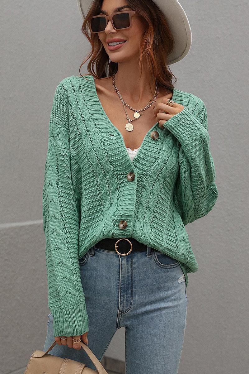 BUTTON DOWN CABLE KNIT CASUAL CARDIGAN - Doublju