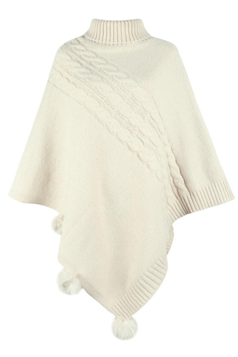 WOMENS POMPOM DETAILED TURTLE NECK SHAWL WRAP - Doublju