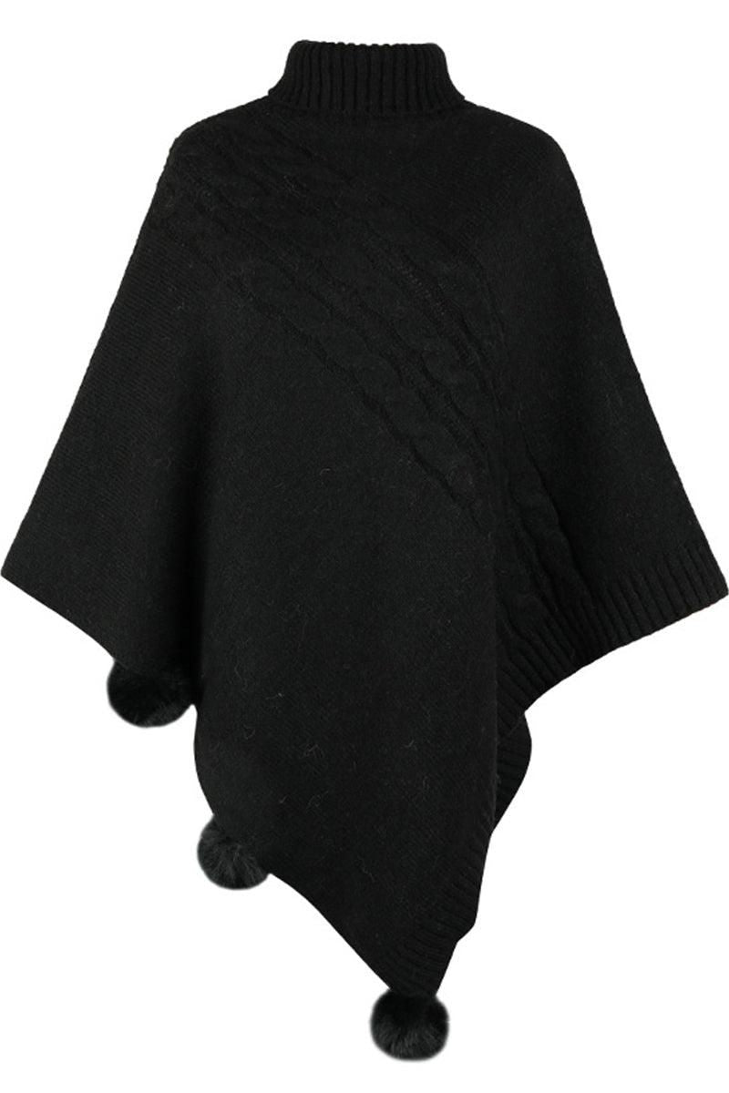 WOMENS POMPOM DETAILED TURTLE NECK SHAWL WRAP - Doublju